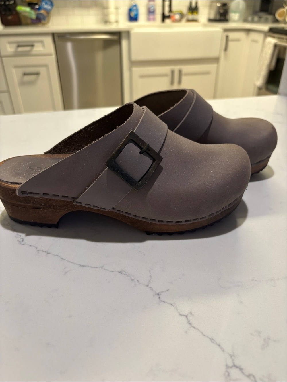 Sanita Brown Leather Clogs with Buckle - Picture 3 of 6